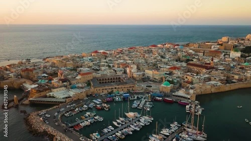 Aerial view of old city of Akko, Acre, Israel. Marina near old city