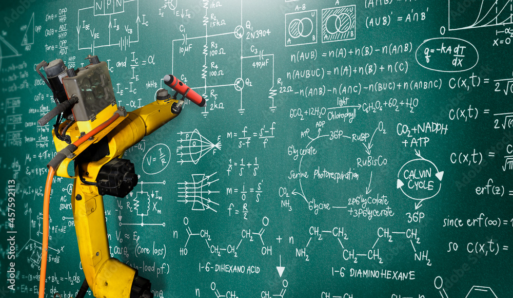 Robot arm AI analyzing mathematics for mechanized industry problem solving  . Concept of robotics technology and machine learning for automated  manufacturing process . Stock Photo | Adobe Stock