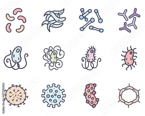 Bacteria and viruses color vector doodle simple icon set