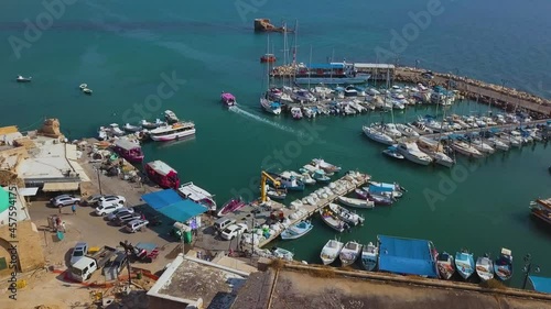 Aerial view of old city of Akko, Acre, Israel. Marina near old city