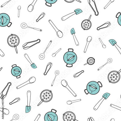 Vector Blue kitchen utensils doodle background pattern
