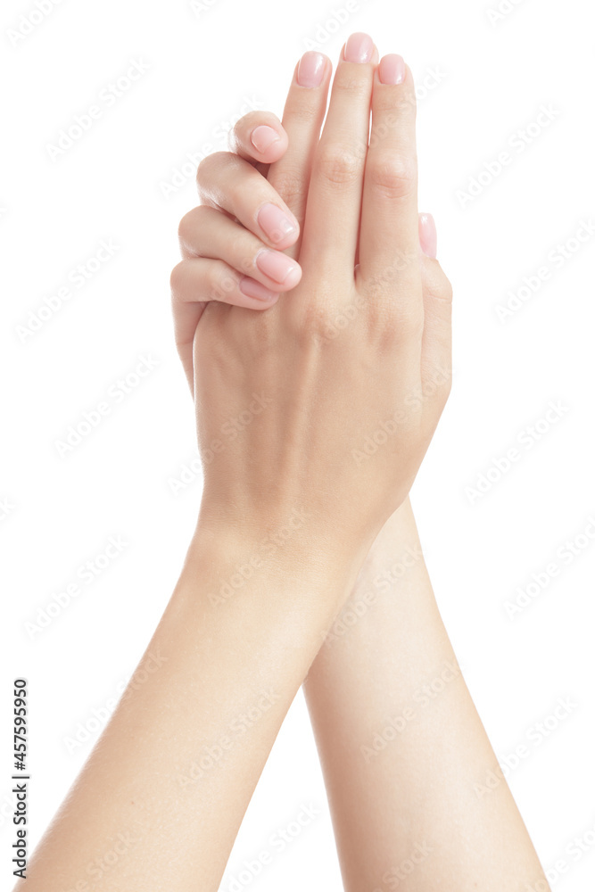 Beautiful female hands isolated on white background. Spa care concept Beautiful female hands isolated on white background. Spa care concept