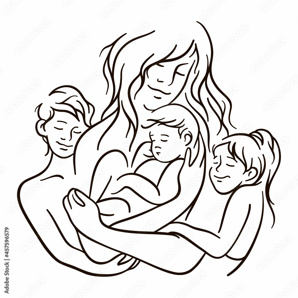 Mother and children. Mom and child line art. Motherhood concept. Mother's day. Illustration on white background.