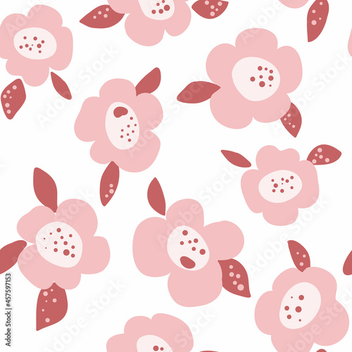 Simple pink flowers pattern. Naive  ornament. Perfect for nursery apparel and interior