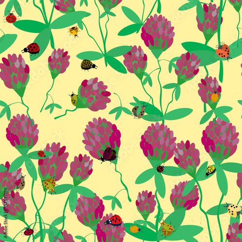 seamless pattern ladybugs and pink clover flowers