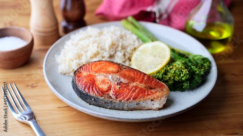 baked salmon with brown rice and broccolini 