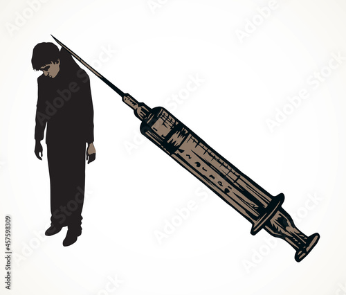 Vector poster against drug abuse: a man caught in a syringe needle