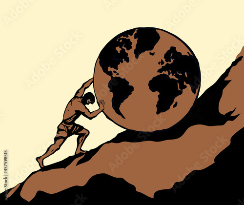 Bild auf Leinwand A man rolls a earth up the hill. Vector drawing