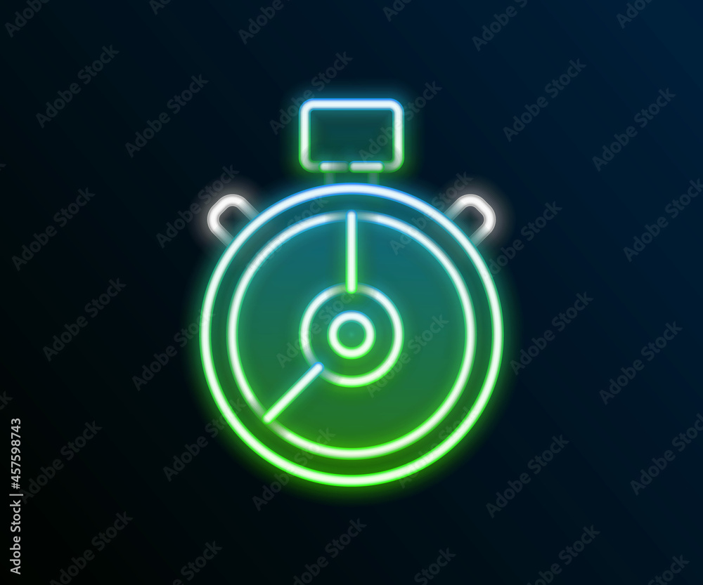 Glowing neon line Stopwatch icon isolated on black background. Time timer sign. Chronometer sign. Colorful outline concept. Vector Glowing neon line Stopwatch icon isolated on black background. Time timer sign. Chronometer sign. Colorful outline concept. Vector