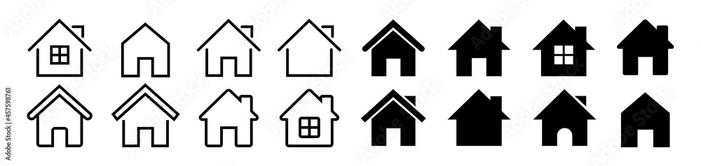 Obraz premium Collection home icons. House symbol. Set of real estate objects and houses black icons isolated on white background. Vector illustration.