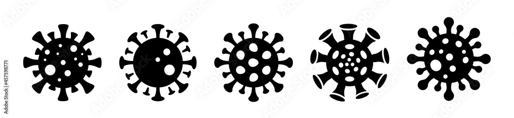 Obraz premium Coronavirus icons set. Virus bacteria in different shapes. COVID-2019. Vaccination stop concept. Pandemic, medical, healthcare symbol, logo and sign. Vector illustration.