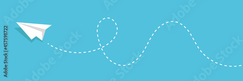 Blue sky with paper plane flying vector background. Creative carton border of clouds. Airy atmosphere stylish design. Travel, business, idea concept. Vector illustration.	