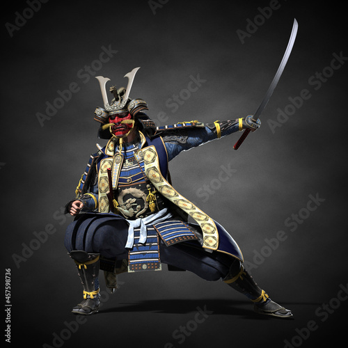 Quadro su tela A Japanese samurai with a drawn sword. 3d illustration