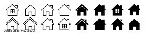 Collection home icons. House symbol. Set of real estate objects and houses black icons isolated on white background. Vector illustration.
