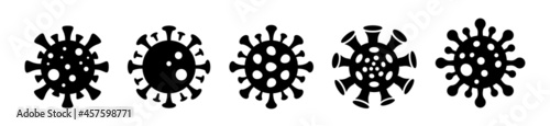 Coronavirus icons set. Virus bacteria in different shapes. COVID-2019. Vaccination stop concept. Pandemic, medical, healthcare symbol, logo and sign. Vector illustration.
