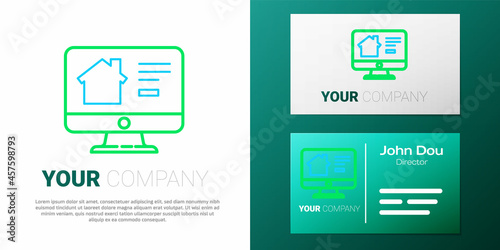 Line Online real estate house on monitor icon isolated on white background. Home loan concept, rent, buy, buying a property. Colorful outline concept. Vector