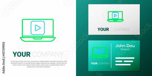 Line Online play video icon isolated on white background. Laptop and film strip with play sign. Colorful outline concept. Vector