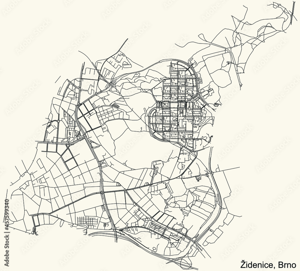 Fototapeta premium Detailed navigation urban street roads map on vintage beige background of the brněnský quarter Židenice district of the Czech capital city of Brno, Czech Republic