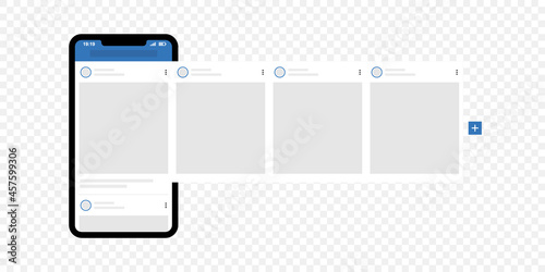 Smartphone with interface carousel posts. Carousel post for popular app interface. Social network ads post mockup template.