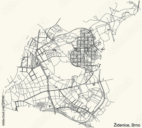 Detailed navigation urban street roads map on vintage beige background of the brněnský quarter Židenice district of the Czech capital city of Brno, Czech Republic