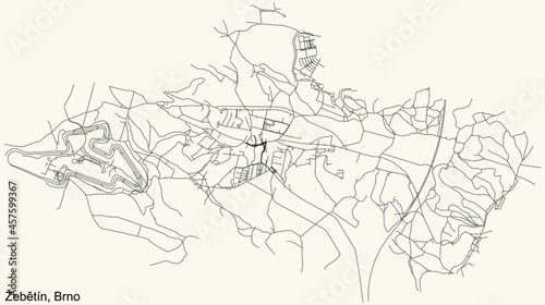 Detailed navigation urban street roads map on vintage beige background of the brněnský quarter Žebětín district of the Czech capital city of Brno, Czech Republic