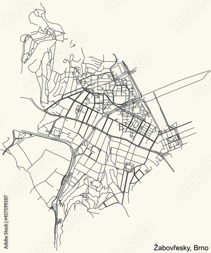 Detailed navigation urban street roads map on vintage beige background of the brněnský quarter Žabovřesky district of the Czech capital city of Brno, Czech Republic