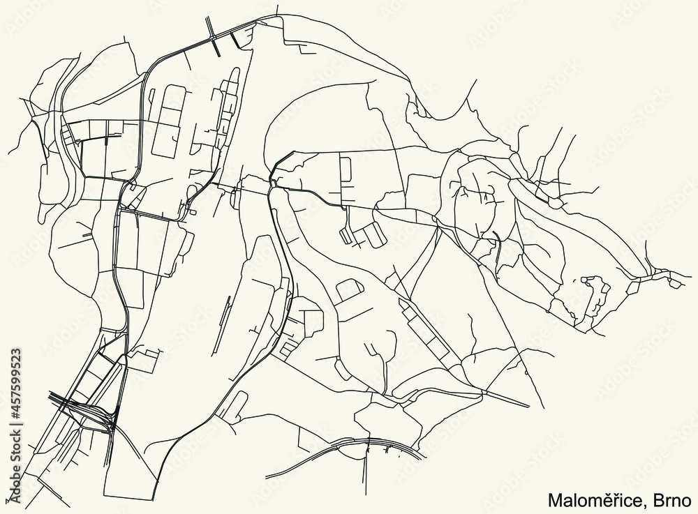 Detailed navigation urban street roads map on vintage beige background of the brněnský quarter Maloměřice district of the Czech capital city of Brno, Czech Republic