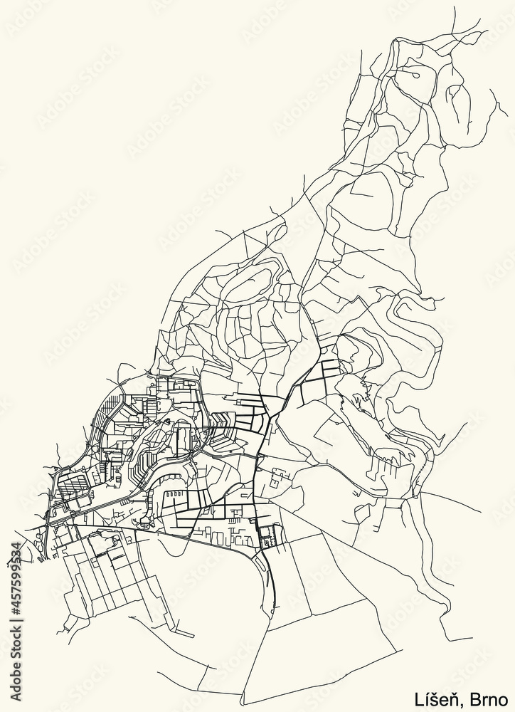 Detailed navigation urban street roads map on vintage beige background of the brněnský quarter Líšeň district of the Czech capital city of Brno, Czech Republic