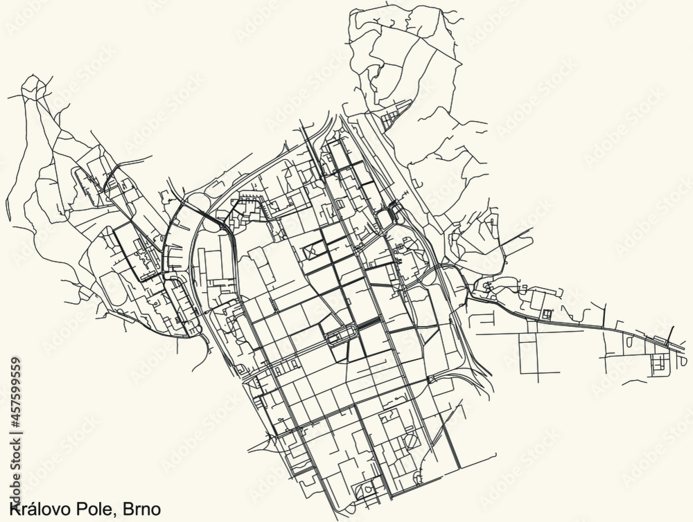 Detailed navigation urban street roads map on vintage beige background of the brněnský quarter Královo Pole district of the Czech capital city of Brno, Czech Republic