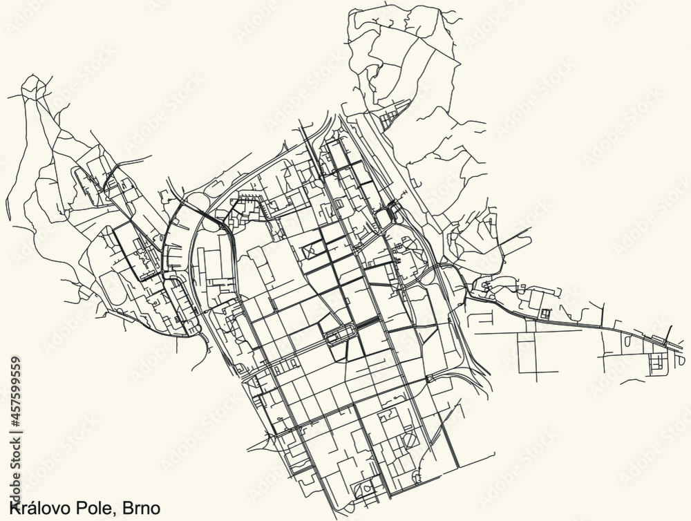 Fototapeta premium Detailed navigation urban street roads map on vintage beige background of the brněnský quarter Královo Pole district of the Czech capital city of Brno, Czech Republic