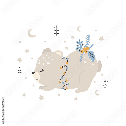 Cute christmas bear. Vector print in scandinavian style. Hand drawn vector illustration for posters, cards, t-shirts