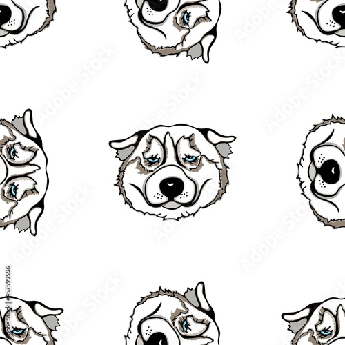 Seamless pattern of hand drawn sketch style portraits of Husky isolated on white background. Vector illustration.