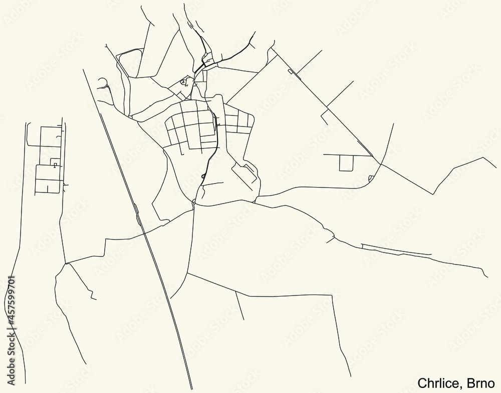 Detailed navigation urban street roads map on vintage beige background of the brněnský quarter Chrlice district of the Czech capital city of Brno, Czech Republic