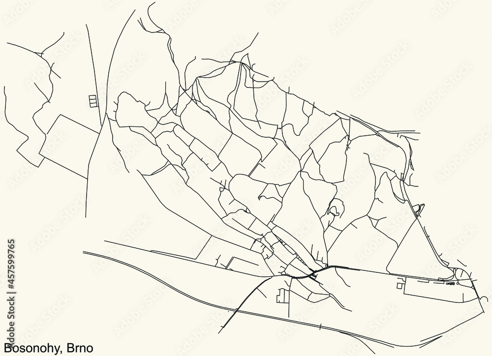 Detailed navigation urban street roads map on vintage beige background of the brněnský quarter Bosonohy district of the Czech capital city of Brno, Czech Republic