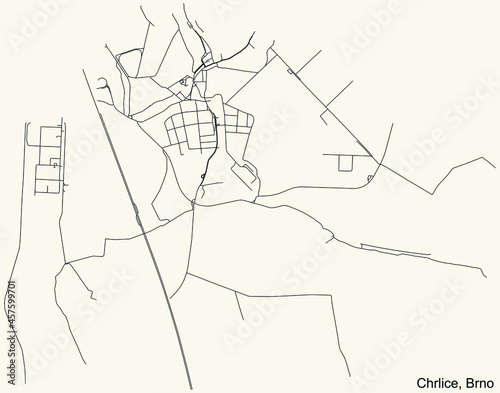 Detailed navigation urban street roads map on vintage beige background of the brněnský quarter Chrlice district of the Czech capital city of Brno, Czech Republic