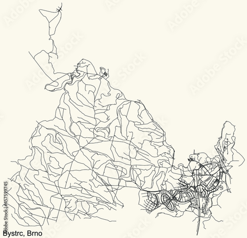 Detailed navigation urban street roads map on vintage beige background of the brněnský quarter Bystrc district of the Czech capital city of Brno, Czech Republic