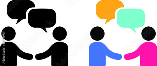 stick figures shaking hands, speech bubbles, black and white silhouettes, colorful abstract shapes, communication symbols