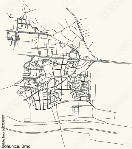 Detailed navigation urban street roads map on vintage beige background of the brněnský quarter Bohunice district of the Czech capital city of Brno, Czech Republic