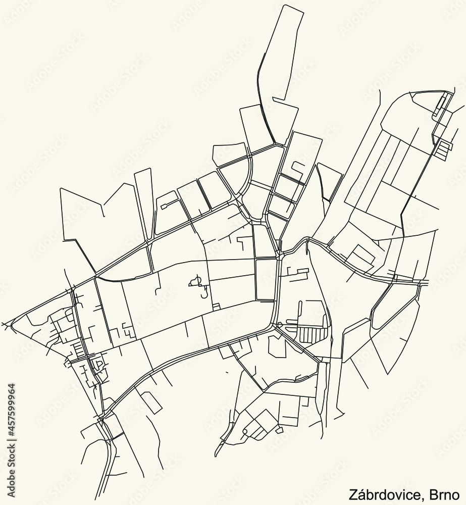 Detailed navigation urban street roads map on vintage beige background of the brněnský Zábrdovice cadastral area of the Czech regional capital city of Brno, Czech Republic