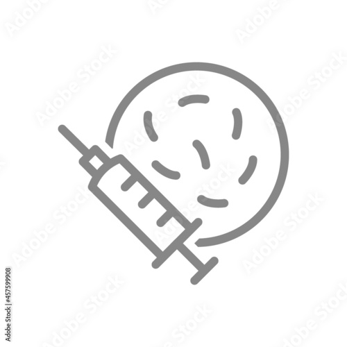 Medical syringe and petri dish with bacteria line icon. Vaccination, injection, germs in syringe, viruses symbol