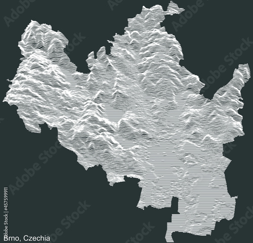 Topographic negative relief map of the city of Brno, Czech Republic with white contour lines on dark gray background