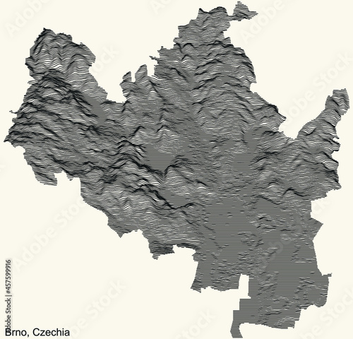 Topographic positive relief map of the city of Brno, Czech Republic with black contour lines on beige background