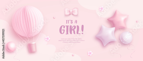 Baby shower horizontal banner with cartoon hot air balloon, helium balloons and flowers on pink background. It's a girl. Vector illustration