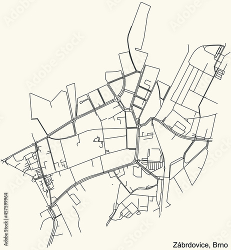 Detailed navigation urban street roads map on vintage beige background of the brněnský Zábrdovice cadastral area of the Czech regional capital city of Brno, Czech Republic