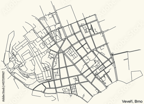 Detailed navigation urban street roads map on vintage beige background of the brněnský Veveří cadastral area of the Czech regional capital city of Brno, Czech Republic