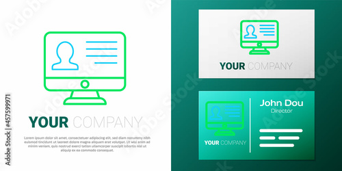 Line Computer monitor with resume icon isolated on white background. CV application. Searching professional staff. Analyzing personnel resume. Colorful outline concept. Vector