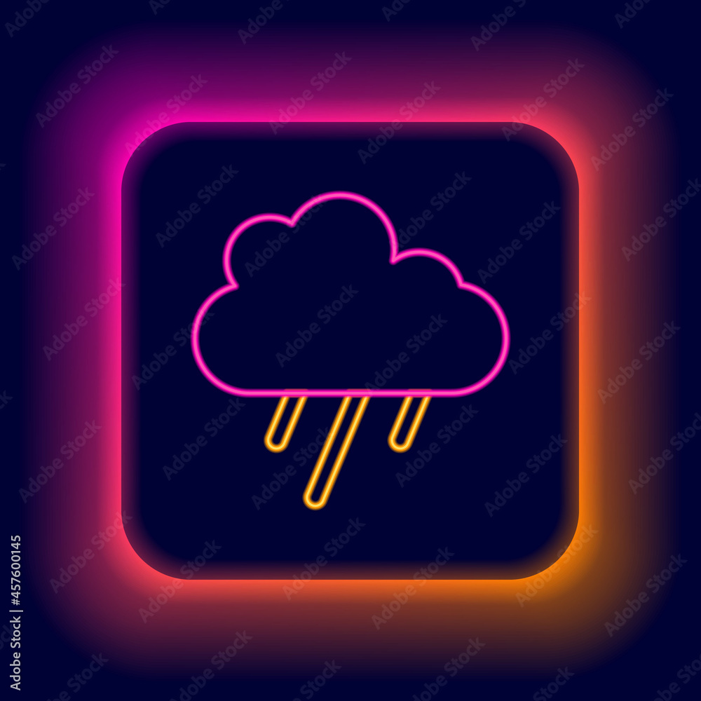 Glowing neon line Cloud with rain icon isolated on black background. Rain cloud precipitation with rain drops. Colorful outline concept. Vector Glowing neon line Cloud with rain icon isolated on black background. Rain cloud precipitation with rain drops. Colorful outline concept. Vector