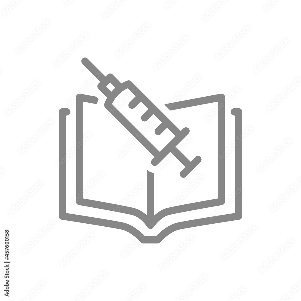 Medical syringe and book line icon. Vaccination information, medical education, informing about vaccination symbol Medical syringe and book line icon. Vaccination information, medical education, informing about vaccination symbol