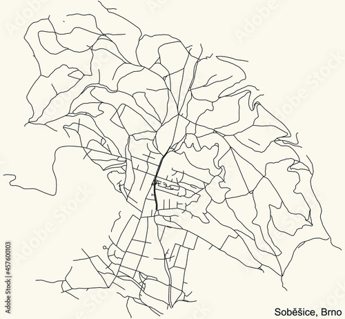 Detailed navigation urban street roads map on vintage beige background of the brněnský Soběšice cadastral area of the Czech regional capital city of Brno, Czech Republic