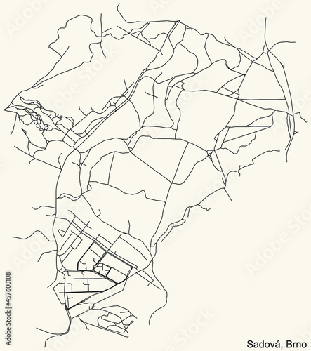 Detailed navigation urban street roads map on vintage beige background of the brněnský Sadová cadastral area of the Czech regional capital city of Brno, Czech Republic